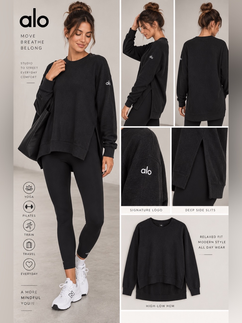 Alo Yoga Glimpse Crew Black Long Sleeve High Low Side Slit Pullover